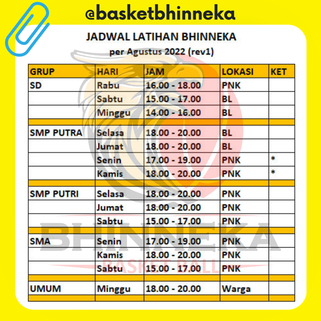 Jadwal Latihan Basket Bhinneka 2022 rev1